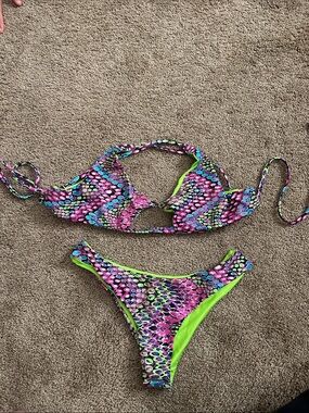 Woman’s Neon Green & Multicolor Two-Piece Swim Set